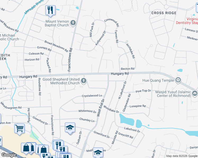 map of restaurants, bars, coffee shops, grocery stores, and more near 9108 Prestondale Avenue in Richmond