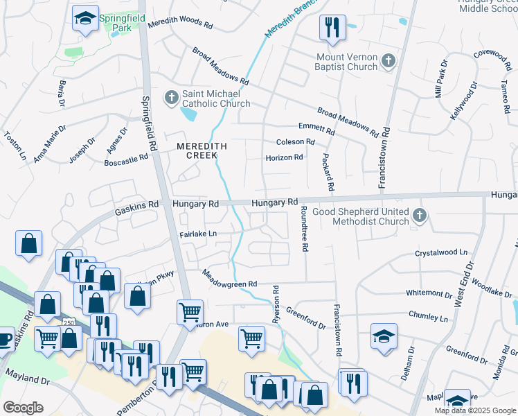 map of restaurants, bars, coffee shops, grocery stores, and more near 9421 Greenhill Court in Richmond