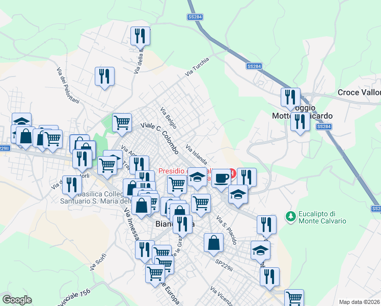 map of restaurants, bars, coffee shops, grocery stores, and more near 9 Via Messico in Biancavilla