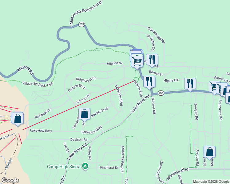 map of restaurants, bars, coffee shops, grocery stores, and more near 221 Canyon Boulevard in Mammoth Lakes