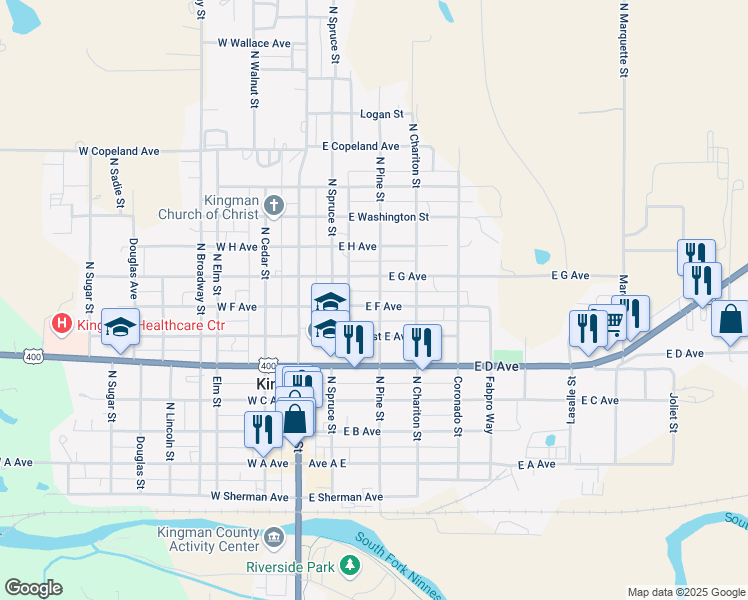 map of restaurants, bars, coffee shops, grocery stores, and more near 300 East F Avenue in Kingman