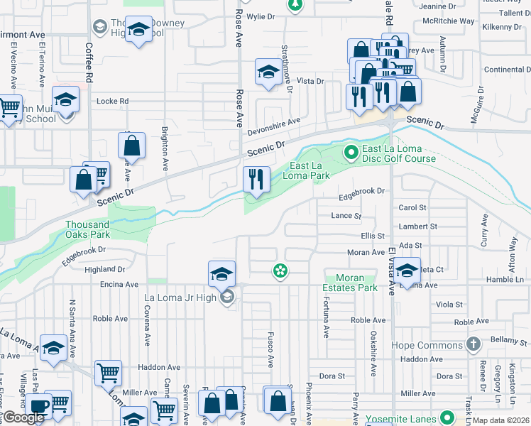 map of restaurants, bars, coffee shops, grocery stores, and more near 1905 Edgebrook Drive in Modesto