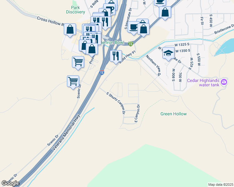 map of restaurants, bars, coffee shops, grocery stores, and more near 1593 South Shurtz Canyon Drive in Cedar City