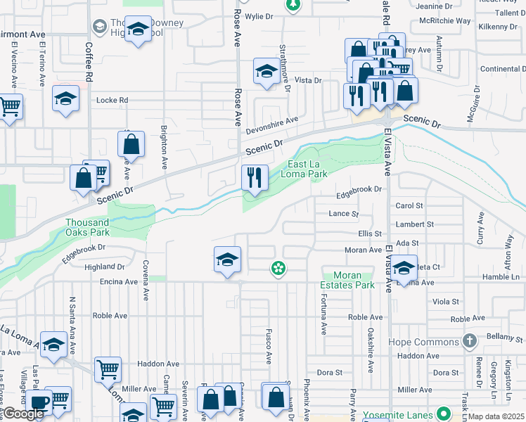 map of restaurants, bars, coffee shops, grocery stores, and more near 1905 Edgebrook Drive in Modesto