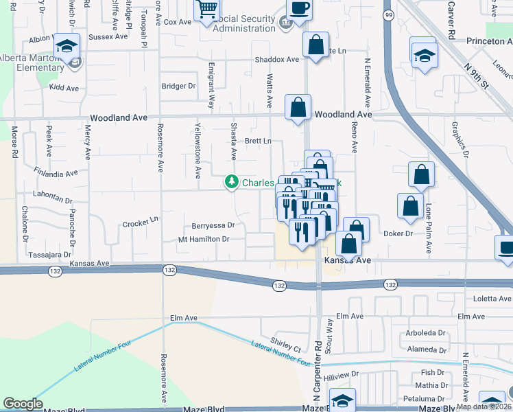 map of restaurants, bars, coffee shops, grocery stores, and more near 1009 Bobcat Court in Modesto