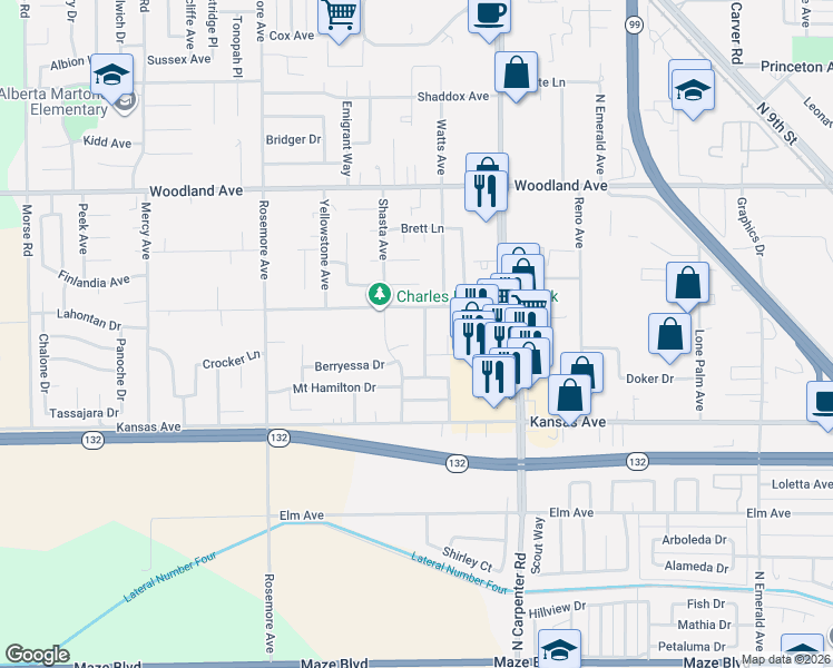 map of restaurants, bars, coffee shops, grocery stores, and more near 1733 Alum Rock Court in Modesto
