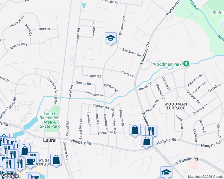 map of restaurants, bars, coffee shops, grocery stores, and more near 9905 Royerton Drive in Richmond