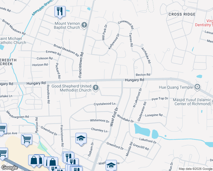 map of restaurants, bars, coffee shops, grocery stores, and more near 9108 Prestondale Avenue in Richmond