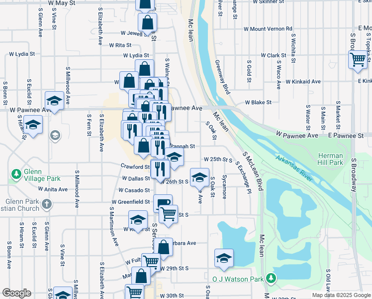 map of restaurants, bars, coffee shops, grocery stores, and more near 905 West Savannah Street in Wichita