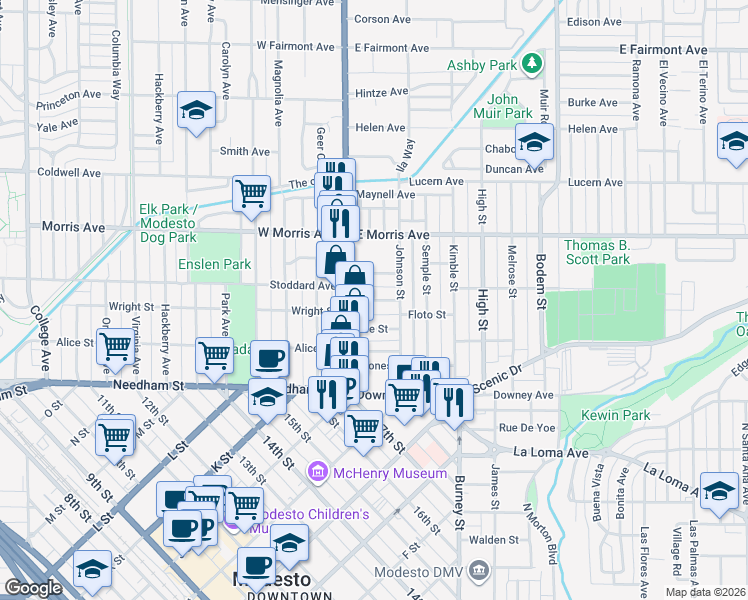 map of restaurants, bars, coffee shops, grocery stores, and more near Almond Avenue in Modesto