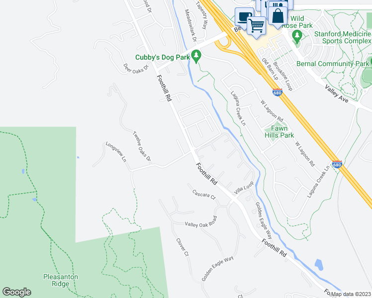 map of restaurants, bars, coffee shops, grocery stores, and more near 2303 Gloria Court in Pleasanton