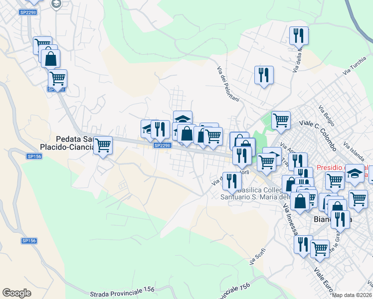 map of restaurants, bars, coffee shops, grocery stores, and more near Via dei Mandorli in Biancavilla