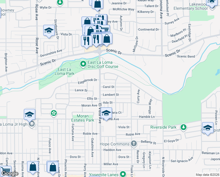 map of restaurants, bars, coffee shops, grocery stores, and more near 2245 Lambert Street in Modesto
