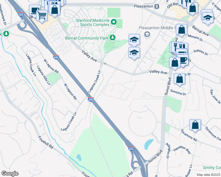 map of restaurants, bars, coffee shops, grocery stores, and more near 374 Oaks Bridge Place in Pleasanton