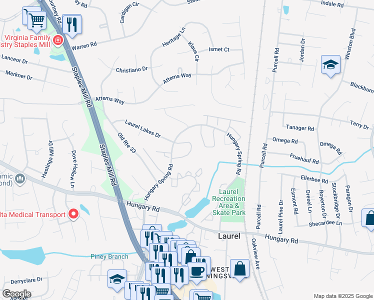 map of restaurants, bars, coffee shops, grocery stores, and more near 9453 Tracey Lynne Circle in Glen Allen