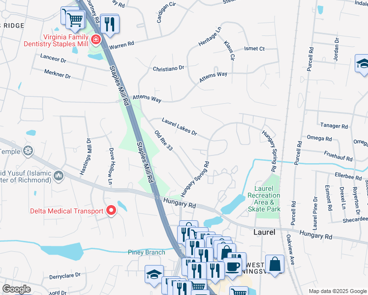 map of restaurants, bars, coffee shops, grocery stores, and more near 9759 Candace Terrace in Glen Allen