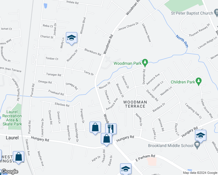 map of restaurants, bars, coffee shops, grocery stores, and more near 9810 Luscombe Lane in Richmond