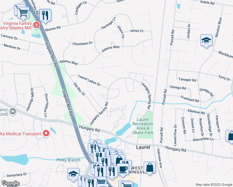 map of restaurants, bars, coffee shops, grocery stores, and more near 9453 Tracey Lynne Circle in Glen Allen