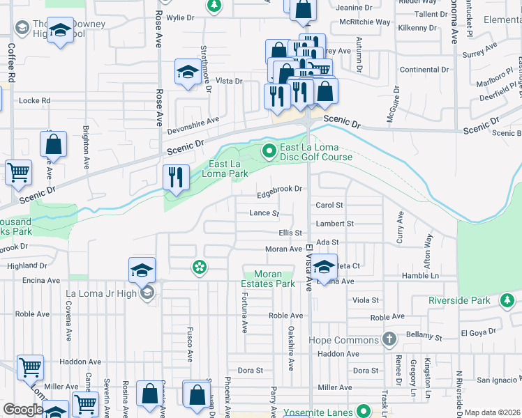 map of restaurants, bars, coffee shops, grocery stores, and more near 2043 Lance Street in Modesto