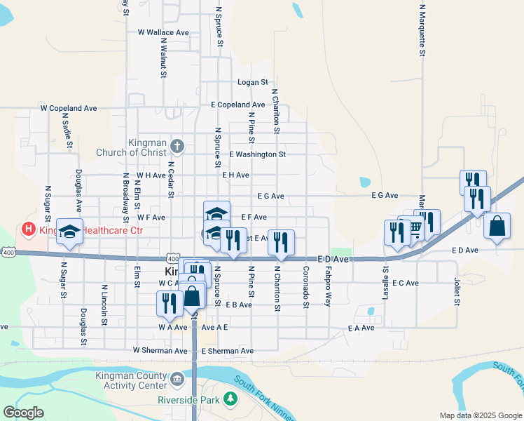 map of restaurants, bars, coffee shops, grocery stores, and more near 300-398 East F Avenue in Kingman