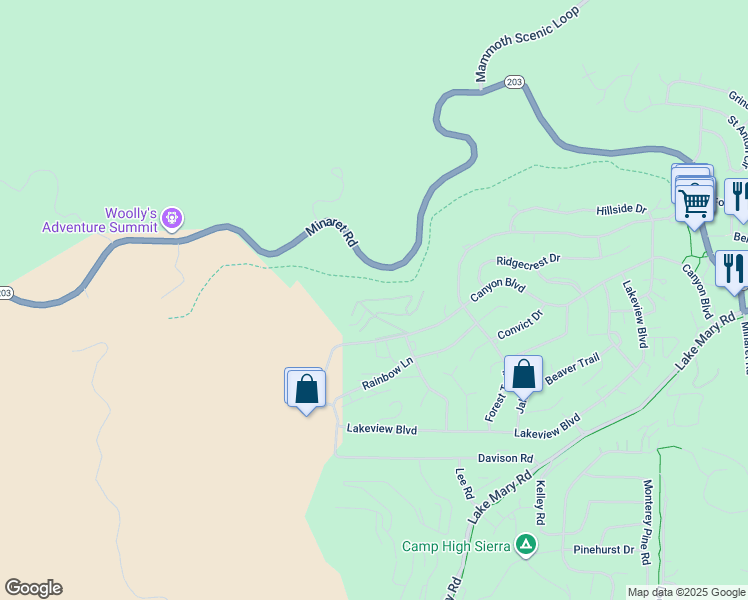 map of restaurants, bars, coffee shops, grocery stores, and more near 808 Canyon Boulevard in Mammoth Lakes