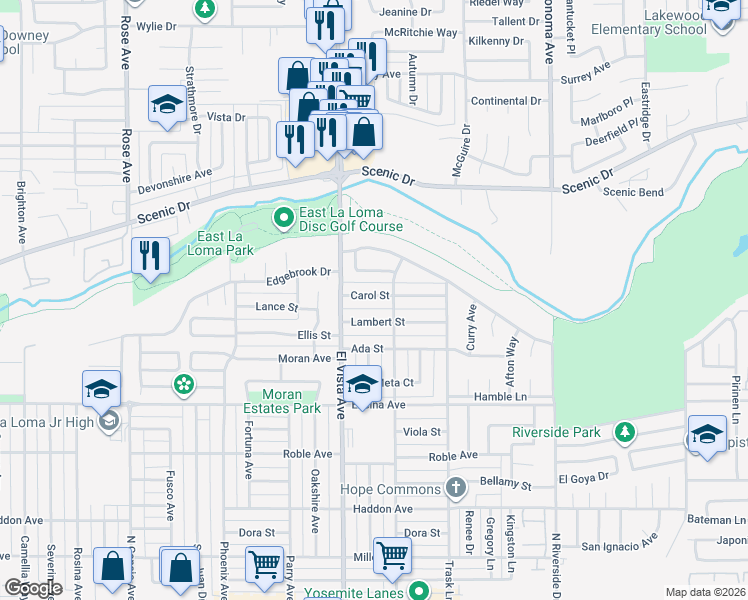 map of restaurants, bars, coffee shops, grocery stores, and more near 2245 Lambert Street in Modesto