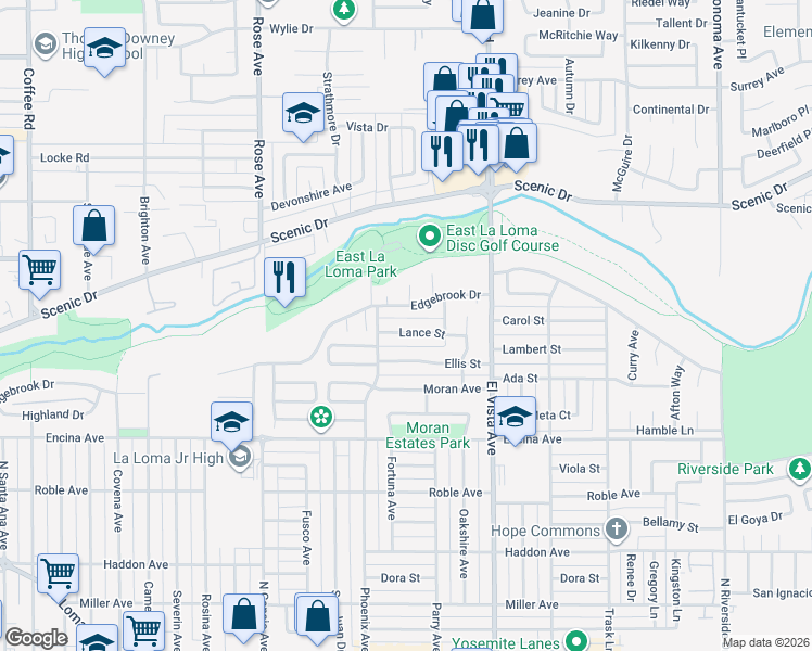 map of restaurants, bars, coffee shops, grocery stores, and more near 2052 Lance Street in Modesto