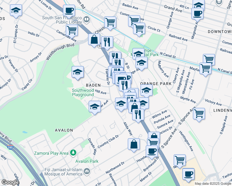 map of restaurants, bars, coffee shops, grocery stores, and more near 35 Fairway Drive in South San Francisco