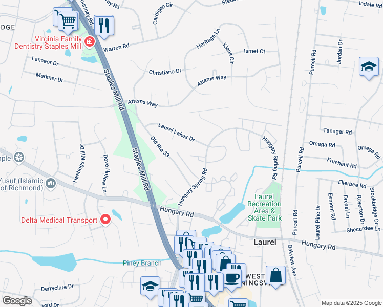 map of restaurants, bars, coffee shops, grocery stores, and more near 9727 Candace Court in Glen Allen