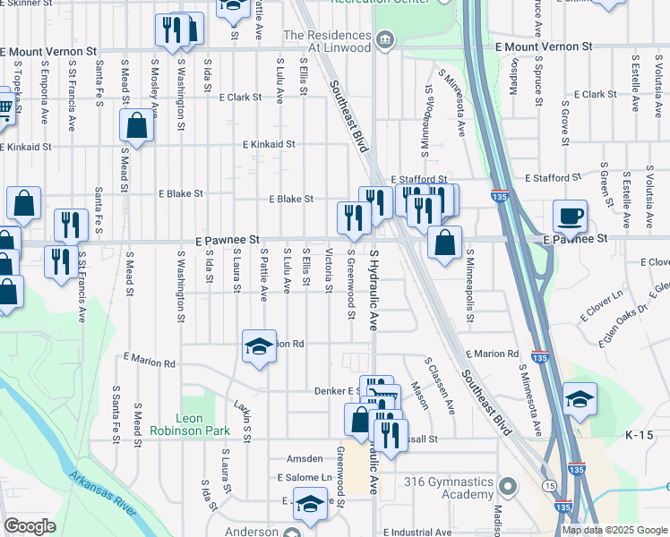 map of restaurants, bars, coffee shops, grocery stores, and more near 2445 South Greenwood Street in Wichita