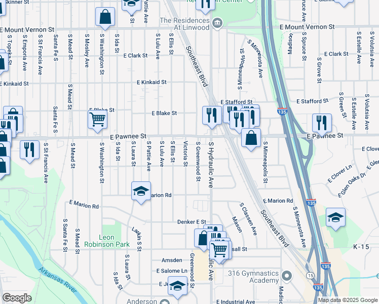 map of restaurants, bars, coffee shops, grocery stores, and more near 2445 South Greenwood Street in Wichita