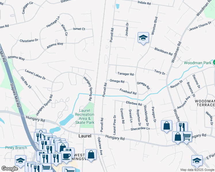 map of restaurants, bars, coffee shops, grocery stores, and more near 9901 Purcell Road in Henrico