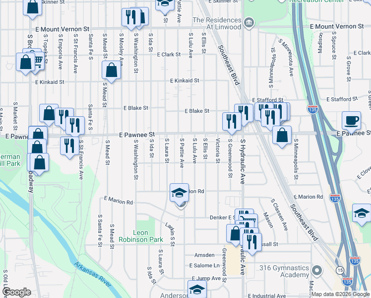 map of restaurants, bars, coffee shops, grocery stores, and more near 2443 South Lulu Avenue in Wichita