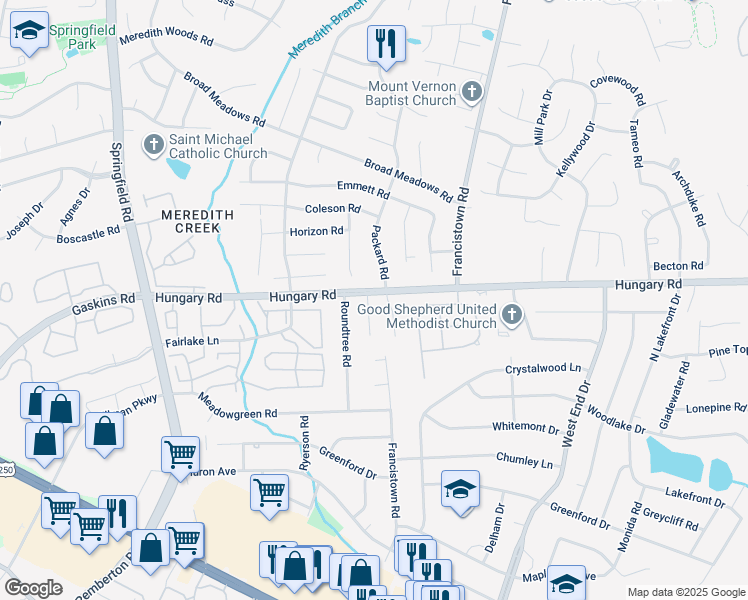 map of restaurants, bars, coffee shops, grocery stores, and more near 4221 Hunter Green Court in Richmond
