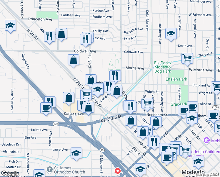 map of restaurants, bars, coffee shops, grocery stores, and more near 311 Campus Way in Modesto