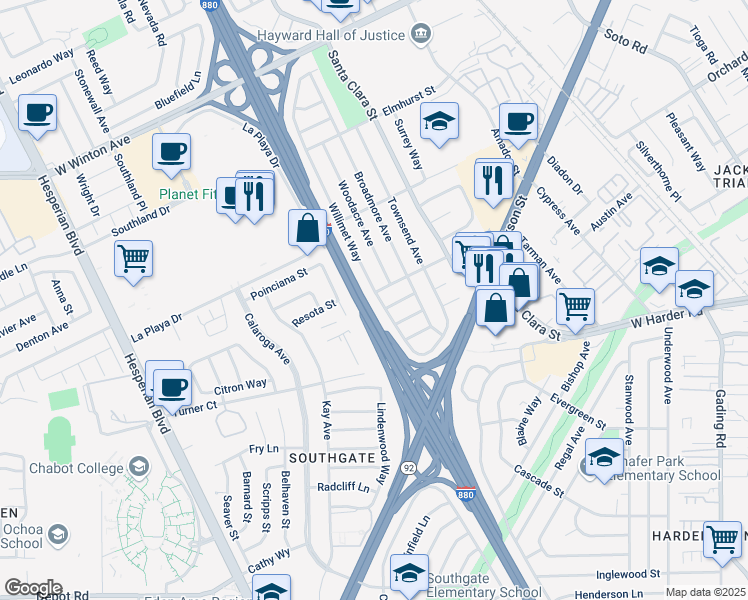 map of restaurants, bars, coffee shops, grocery stores, and more near 24906 Willimet Way in Hayward