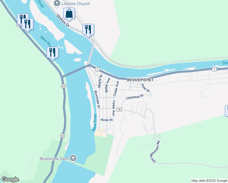 map of restaurants, bars, coffee shops, grocery stores, and more near 214 Zion Mtn Road in Hinton