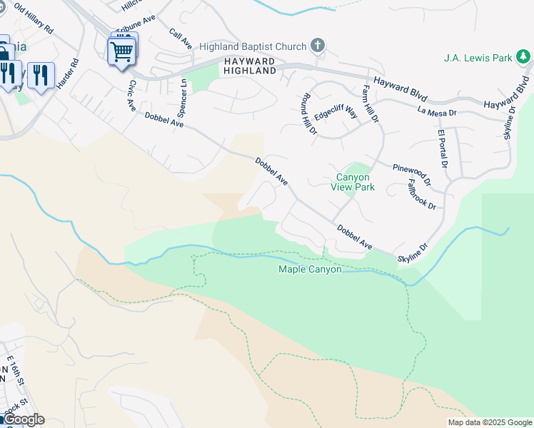map of restaurants, bars, coffee shops, grocery stores, and more near 2703 Markham Court in Hayward