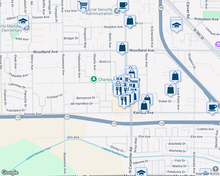 map of restaurants, bars, coffee shops, grocery stores, and more near 1017 Bobcat Court in Modesto