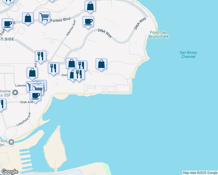 map of restaurants, bars, coffee shops, grocery stores, and more near 500 East Jamie Court in South San Francisco