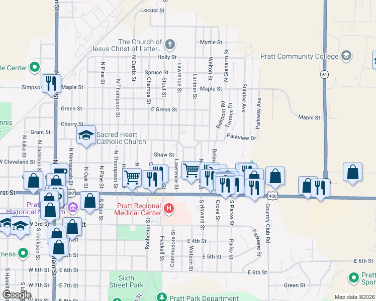 map of restaurants, bars, coffee shops, grocery stores, and more near 200-234 Cambridge Dr in Pratt