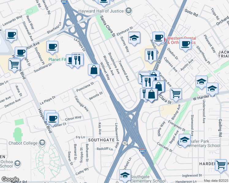 map of restaurants, bars, coffee shops, grocery stores, and more near 24906 Willimet Way in Hayward