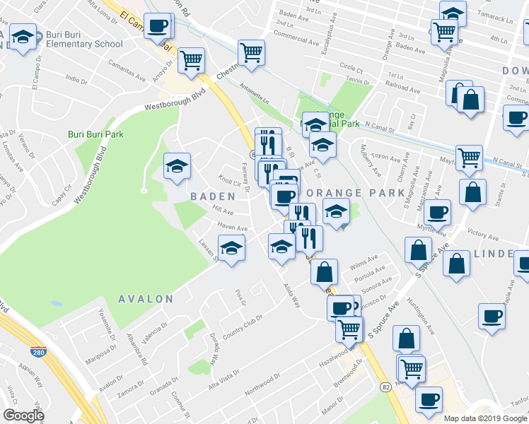 map of restaurants, bars, coffee shops, grocery stores, and more near 35 Fairway Drive in South San Francisco