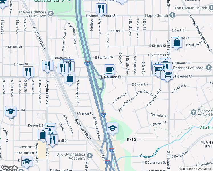 map of restaurants, bars, coffee shops, grocery stores, and more near 2355 East Pawnee Street in Wichita