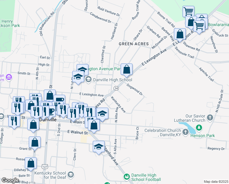 map of restaurants, bars, coffee shops, grocery stores, and more near 420 East Lexington Avenue in Danville