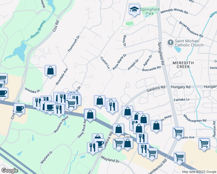 map of restaurants, bars, coffee shops, grocery stores, and more near 10616 Toston Lane in Glen Allen