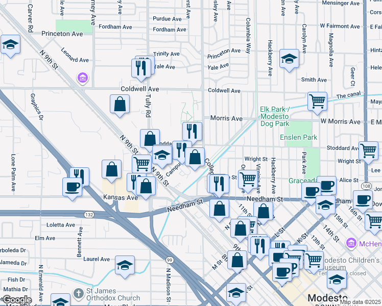 map of restaurants, bars, coffee shops, grocery stores, and more near 315 Campus Way in Modesto