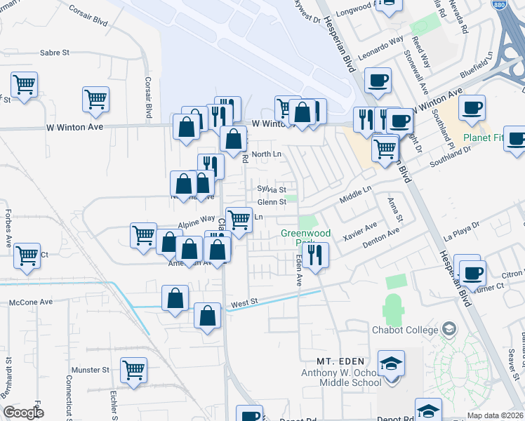 map of restaurants, bars, coffee shops, grocery stores, and more near 1563 Middle Lane in Hayward