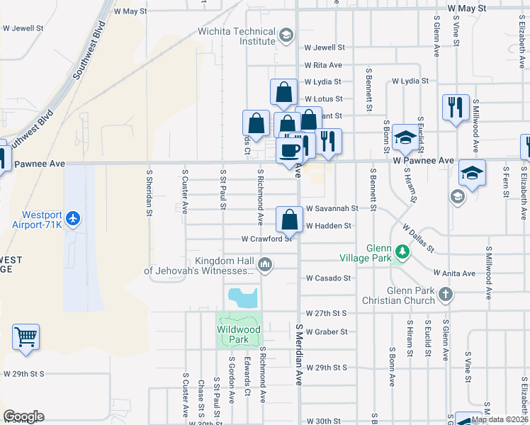map of restaurants, bars, coffee shops, grocery stores, and more near 2627 West Savannah Street in Wichita