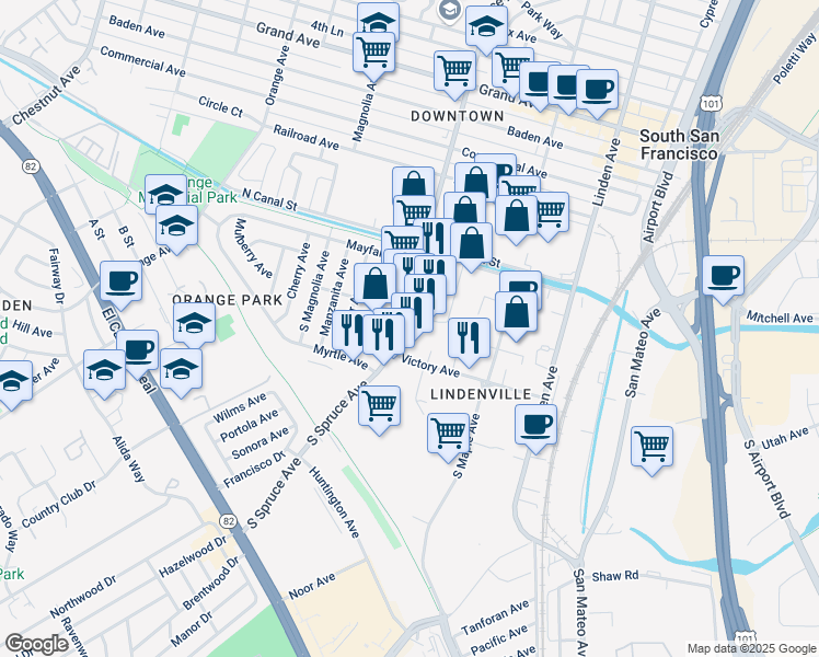 map of restaurants, bars, coffee shops, grocery stores, and more near 171 South Spruce Avenue in South San Francisco